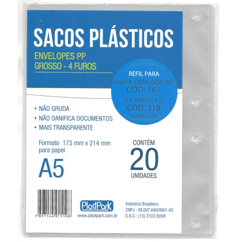 Envelope Plástico Grosso Tamanho A5 c/4 Furos PLASTPARK